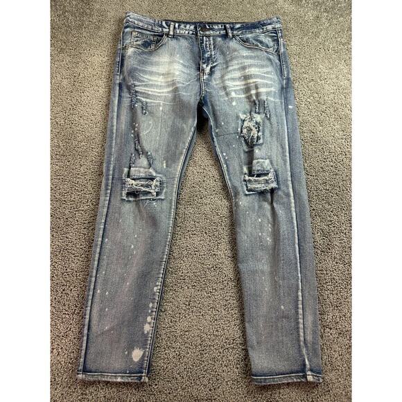 Waimea Jeans Mens 38 Blue Gray Skinny Fit Distressed Denim Splatter 38x30* - Picture 1 of 12